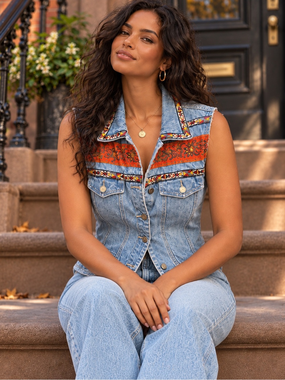 Vintage Bill Blass Denim Vest with Paisley Trim & Pockets Lg